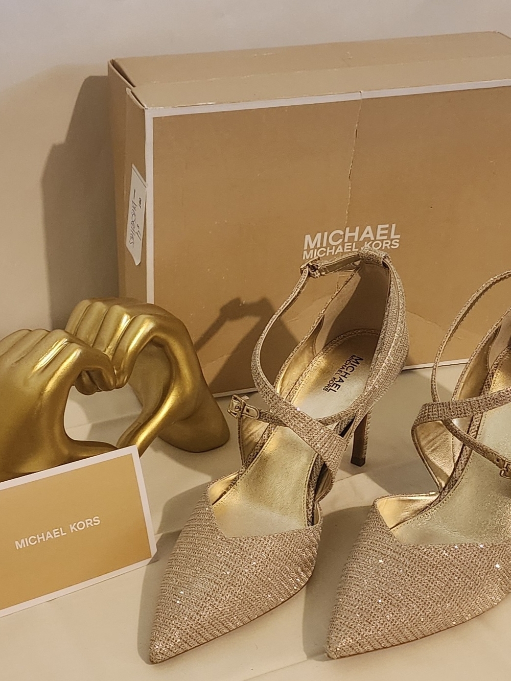 Michael Kors Gold Glitter Pointed-Toe Strappy Pumps - Picture 2 of 8